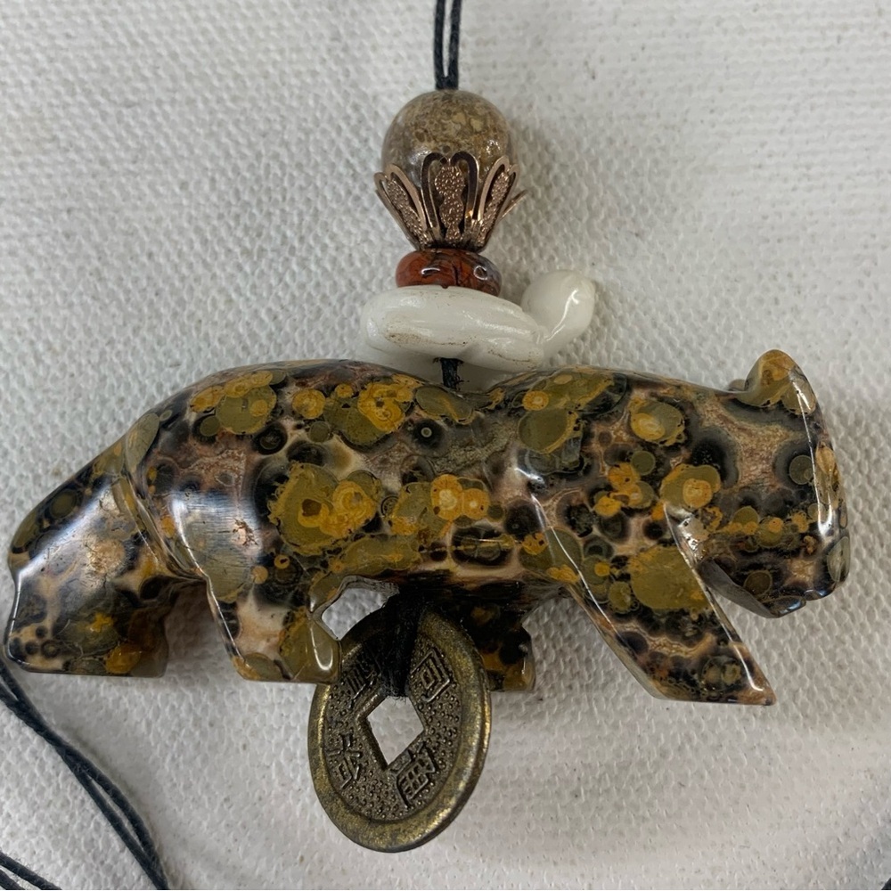 Leopard Skin Jasper Carved Leopard Pendant Necklace Chinese Feng Shui Coin 28" - Picture 7 of 16